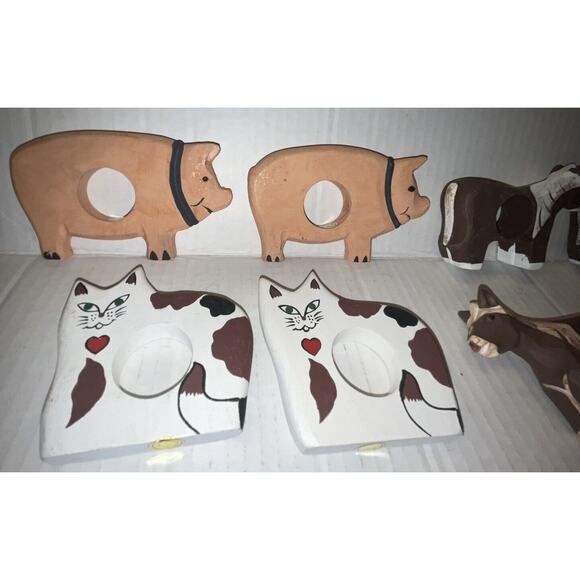 VINTAGE 8 Wooden Napkin Rings Rustic Farm Animals 3" hand painted Cat, pig,horse - Picture 4 of 8